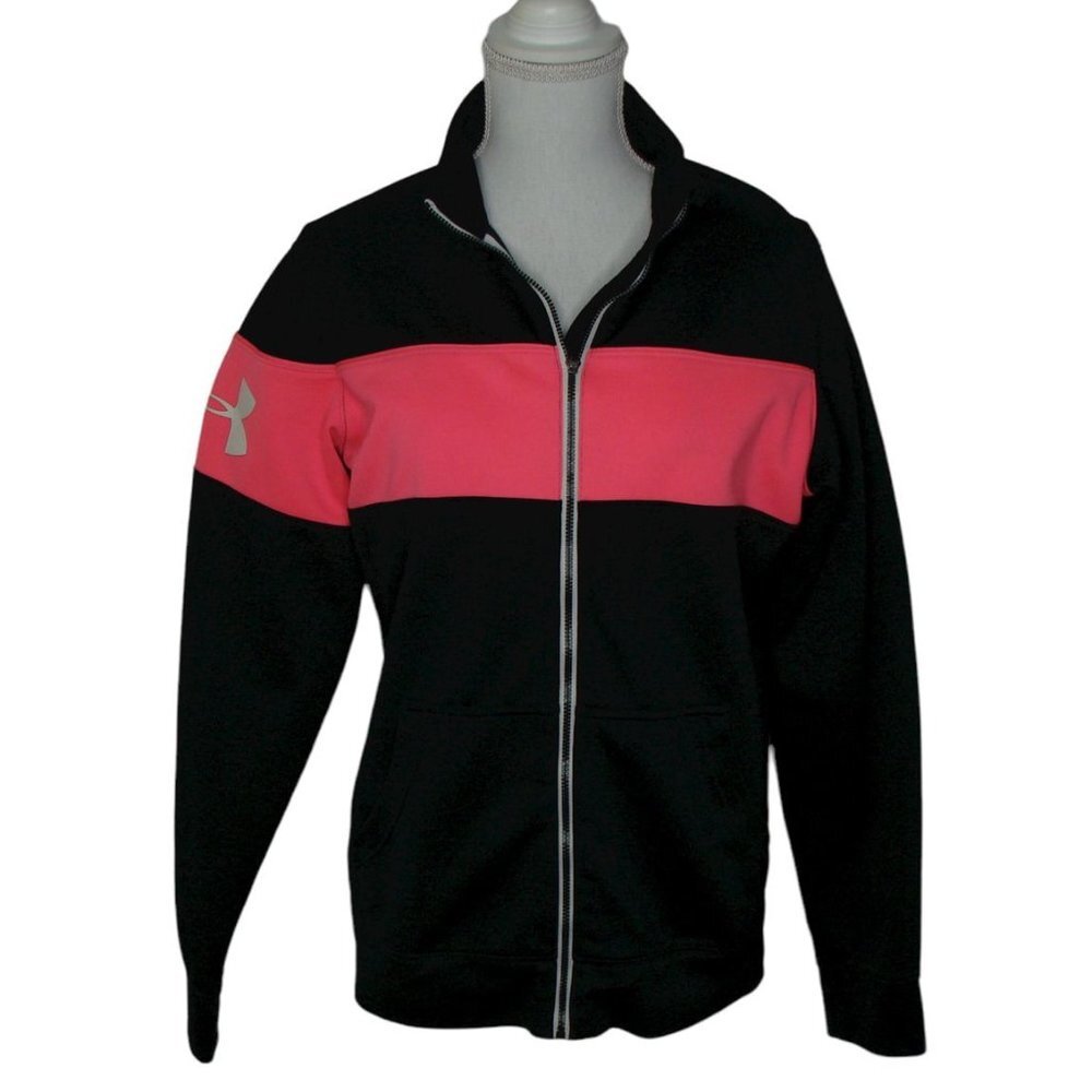 Under Armour Womens Black Pink Colorblock Semi Fitted Full Zip Jacket Sz Medium